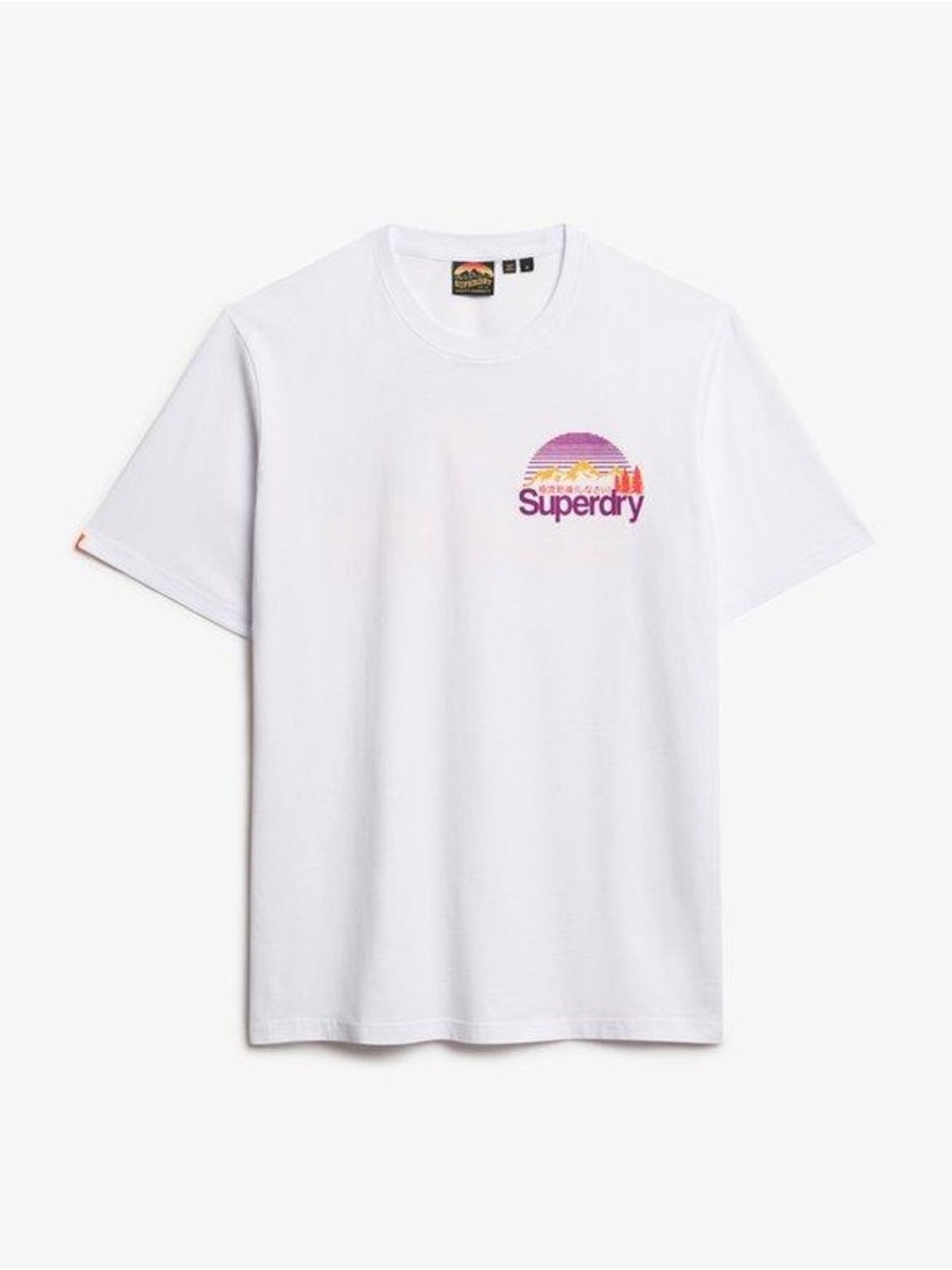 NWT Superdry White Tee with Purple and Orange Sunset Logo